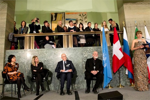 Paola Deda (right) Moderator, Chief of the UNECE/FAO Forestry and Timber Section, Maestro Michelangelo Pistoletto (second from right) Città dell’Arte Pistoletto Foundation, Mario Boselli (third from right) President Italian National Chamber of Fashion, Xenya Cherny-Scanlon, Founder, Green Stilettos, and Rossella Ravagli (left) Representative of Gucci at the opening of the Fashion Exhibit with a Dance Show during launch of UNECE/FAO “Forests For Fashion – Fashion for Forests”. 21 March 2014. UN Photo / Jean-Marc Ferré