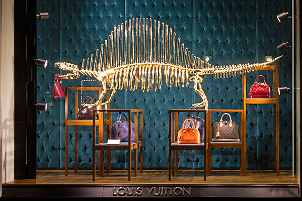 Dinosaur display at the Louis Vuitton Champs-Elysées flagship store.