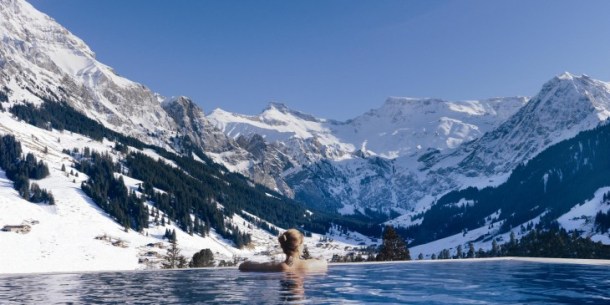 The Cambrian outdoor infinity pool. Photo via The Cambrian Adelboden Hotel & Spa.