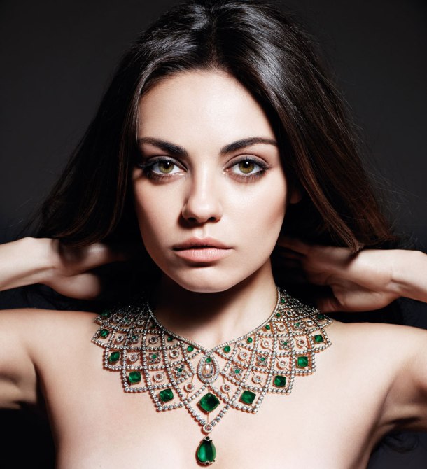 Gemfields brand ambassador Mila Kunis wearing sustainably sourced emeralds.