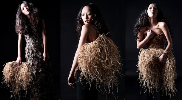 Raffia creations by Tiziano Guardini were among the designs featured in the Forests for Fashion show. Photo via FNM.