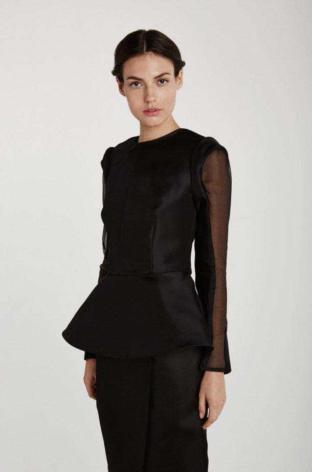 Mina + Olya peplum top in sustainable organza. Photo via Mina + Olya website.